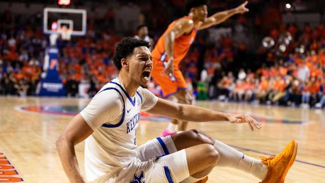 Jan 6, 2024; Gainesville, Florida, USA; Kentucky Wildcats forward Tre Mitchell (4) reacts after a layup during the first half against the Florida Gators at Exactech Arena at the Stephen C. O'Connell Center. Mandatory Credit: Matt Pendleton-USA TODAY Sports